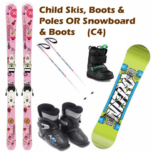 Child snow ski, boots and poles or snowboard and boots hire