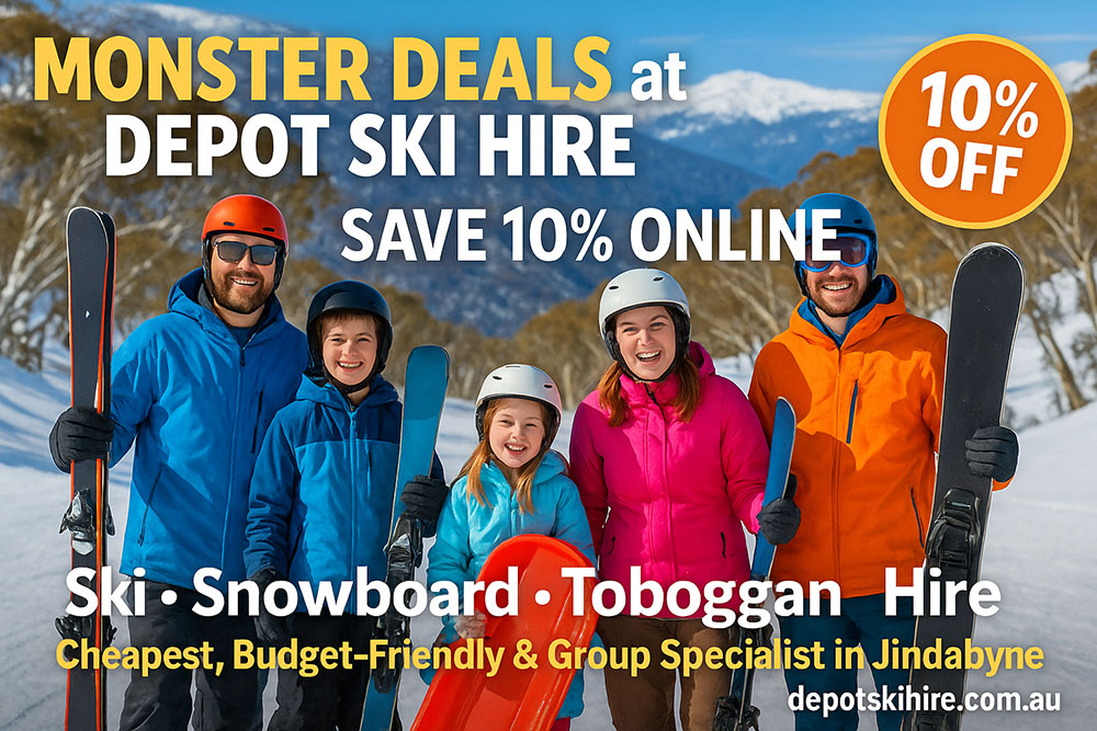 Group of smiling family members and kids carrying skis, snowboards, and a toboggan in the Australian snowy mountains, surrounded by gum trees, with text highlighting “Best Ski Hire Deals,” “Save 10% Online,” and “In Jindabyne for School Holidays” by Monster Depot Ski Hire.